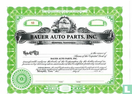 Bauer Auto Parts, Inc., Odd share certificate, Capital stock, blankette