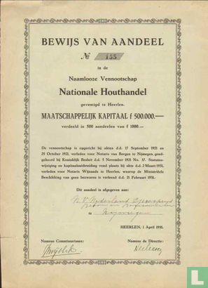 Nationale Houthandel, Bewijs van aandeel, 1.000,= Gulden