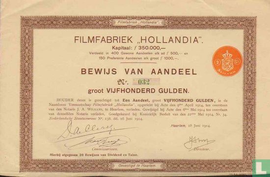 Filmfabriek "Hollandia", Bewijs van aandeel, 500,= Gulden