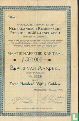 Nederlandsch Rumeensche Petroleum-Maatschappij, Bewijs van aandeel aan toonder, 250 gulden