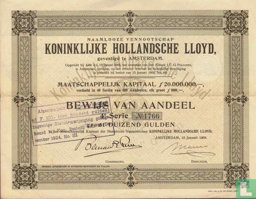 Koninklijke Hollandsche Lloyd, Bewijs van aandeel, 1000 Gulden