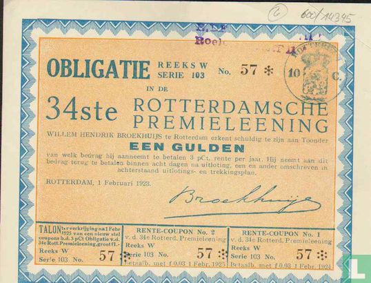 Rotterdamsche Premieleening, Obligatie, Een gulden - Afbeelding 1