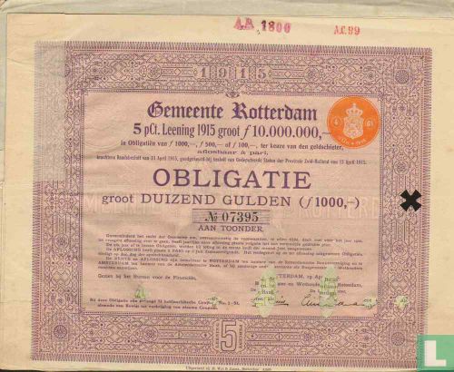 Gemeente Rotterdam, 5 Pct Leening 1915, Obligatie 1.000,= Gulden