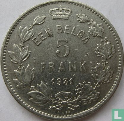 Belgique 5 francs 1931 (NLD - position A) - Image 1