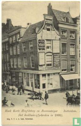 Hoek Korte Hoofdsteeg en Boerensteiger (het hoekhuis afgebroken in 1899)
