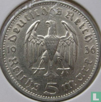 Empire allemand 5 reichsmark 1936 (sans croix gammée - F) - Image 1