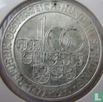 Oostenrijk 100 schilling 1977 "500th anniversary of the Hall Mint" - Afbeelding 2