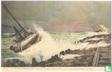 De Stoom-Reddingsboot President van Heel ,Kapitein Jansen, in de woeste zee (achtergrond het wrak)