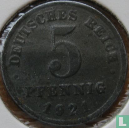 Duitse Rijk 5 pfennig 1921 (G) - Afbeelding 1