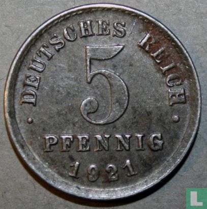 Duitse Rijk 5 pfennig 1921 (J) - Afbeelding 1