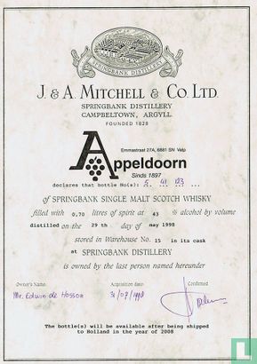 Owners certificate of Springbank Single Malt Scotch Whisky