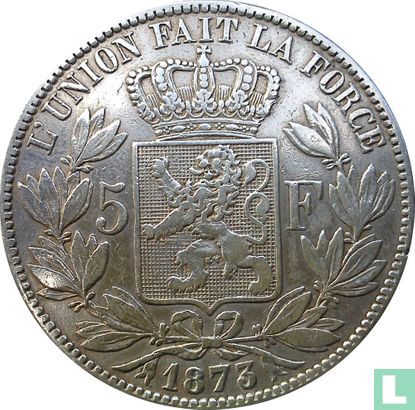 België 5 francs 1873 (positie A - lange PROTEGE) - Afbeelding 1