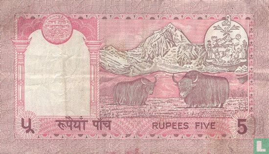 Nepal 5 Rupees (Satyendra Pyara Shrestha, serial # 24 mm long) - Afbeelding 2