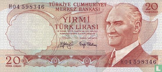Türkei 20 Lira (Präfix C bis H schwarze Unterschriften) - Bild 1