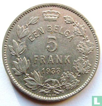 Belgique 5 francs 1933 (NLD - position A) - Image 1