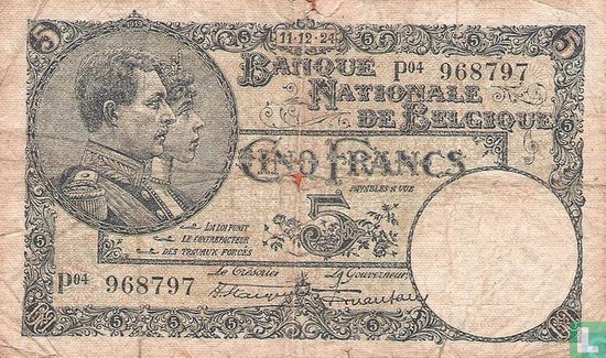 België 5 Frank 1924 - Afbeelding 1
