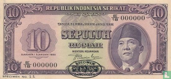 Indonésie 10 roupies 1950 (Specimen) - Image 1