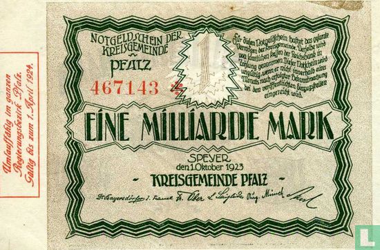 Allemagne, Pfalz 1 milliard de 1923 Mark Bay259 - Image 1