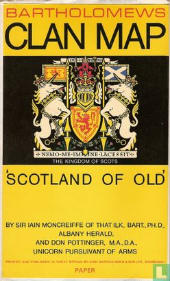 Bartholomews clan map 'Scotland of Old' - ancient territories of Scottish clans or considerable families, with arms of their chiefs or heads  - Image 1