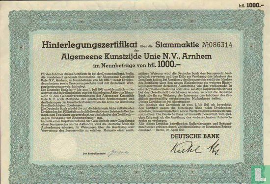 Algemeene Kunstzijde Unie N.V., Hinterlegungszertifikat ueber Stammaktie, 1.000 Gulden