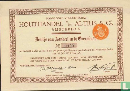 Houthandel V/H Altius & Co., Bewijs van aandeel in de overwinst