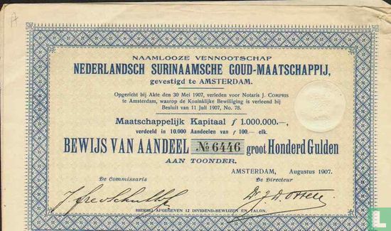 Nederlandsch Surinaamsche Goud-Maatschappij, Bewijs van aandeel aan toonder, Honderd Gulden,