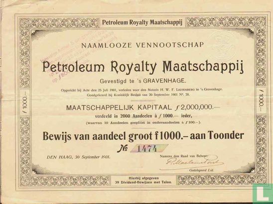 Petroleum Royalty Maatschappij, Bewijs van aandeel, f 1000,= aan toonder