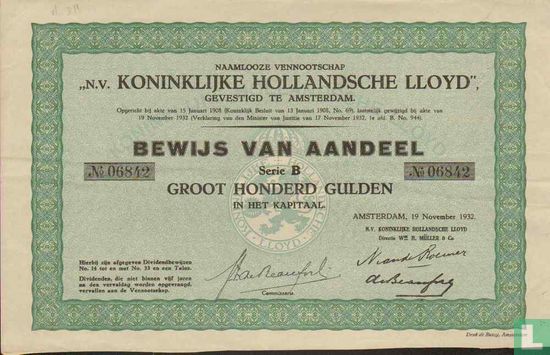 Koninklijke Hollandsche Lloyd, Bewijs van aandeel, Honderd Gulden, Serie B