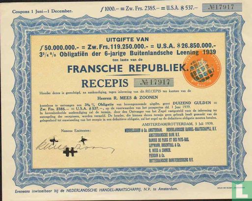 Fransche Republiek, Recepis, 3 3/4% Obligatie, 1.000,= Gulden