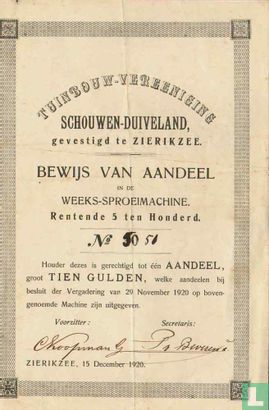 Tuinbouwvereeniging Schouwen-Duivenland, Bewijs van aandeel, Tien Gulden, Rentende 5 ten Honderd