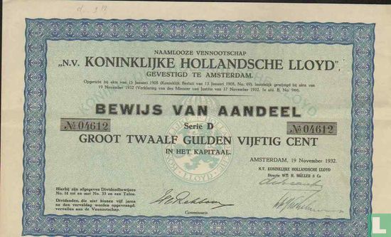 Koninklijke Hollandsche Lloyd, Bewijs van aandeel, 12,50 Gulden, Serie D