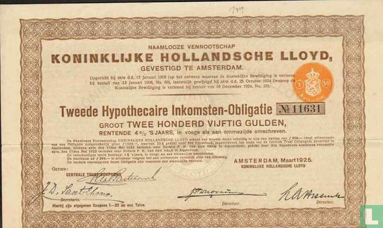 Koninklijke Hollandsche Lloyd, Tweede Hypothecaire Inkomsten-obligatie, 4%, 250 Gulden