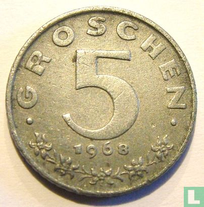 Autriche 5 groschen 1968 (avec lignes entre les plumes) - Image 1