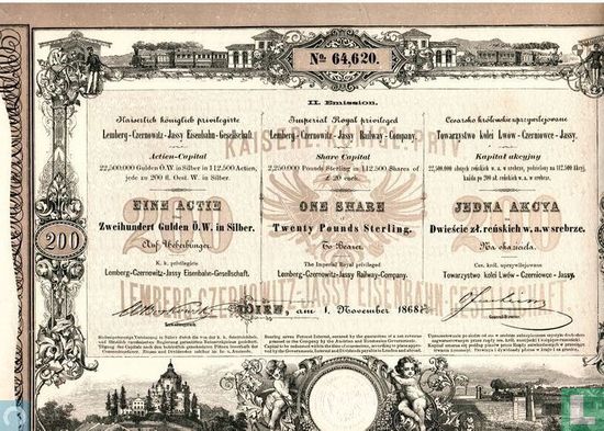 Lemberg-Czernowitz-Jassy Railway Company, Aandeel 200 Gulden, 1868