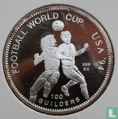 Suriname 100 guilders 1994 (PROOF - zilver - type 1) "Football World Cup in USA - 2 players" - Afbeelding 1