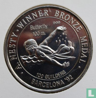 Suriname 100 Guilder 1992 (PP- Silber - 20 g - mit 100 m) "Summer Olympics in Barcelona - Swimming" - Bild 1