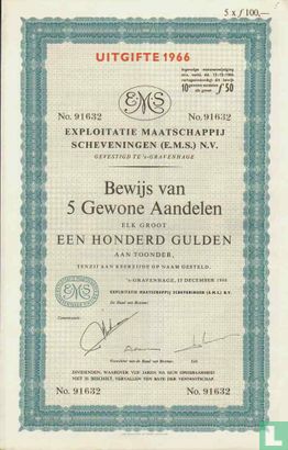 Exploitatie Maatschappij Scheveningen (E.M.S.), Bewijs van vijf gewone aandelen, elk groot 100 Gulden