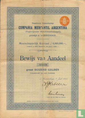Compania Mercantil Argentina, Bewijs van aandeel, 1000 Gulden