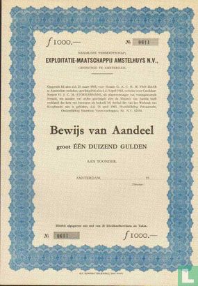 Exploitatie-Maatschappij Amstelhuys, Bewijs van aandeel, 1000 Gulden, blankette