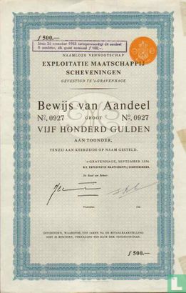 Exploitatie Maatschappij Scheveningen (E.M.S.), Bewijs van aandeel, 500 Gulden