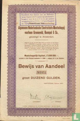 Algemeene Nederlandsche Electriciteits Maatschappij voorheen Groeneveld, Ruempel & Co., Bewijs van aandeel, 1.000 Gulden