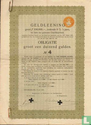 Gemeente Oud-Beijerland, 6% Obligatie, 1000 Gulden