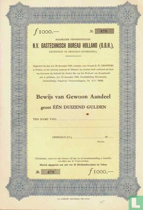 Gastechnisch Bureau Holland, Bewijs van gewoon aandeel, 1000 Gulden, blankette