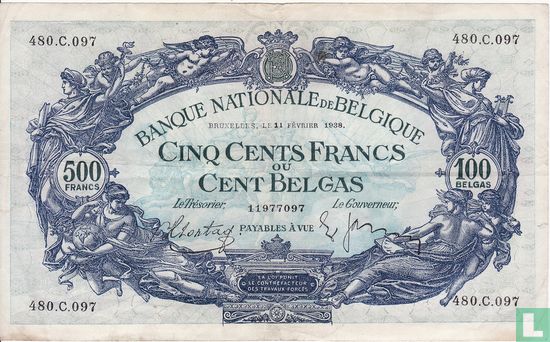 België 500 Frank / 100 Belgas 1939 - Afbeelding 1