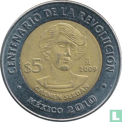 Mexico 5 pesos 2009 "Centenary of Revolution - Carmen Serdán" - Image 1