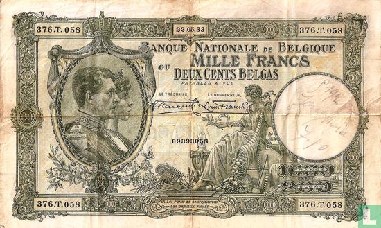 Belgium 1000 Francs / 200 Belgas 1933