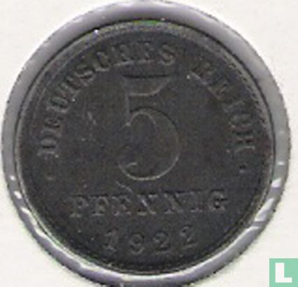 Duitse Rijk 5 pfennig 1922 (E) - Afbeelding 1
