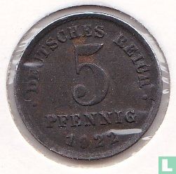 Duitse Rijk 5 pfennig 1922 (G) - Afbeelding 1