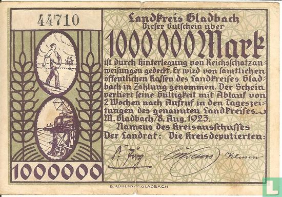 1.000.000 marques Landkreis Gladbach en Allemagne 1923 - Image 1