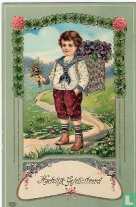 Hartelijk gefeliciteerd, 1910 Jongetje met bloemenmand